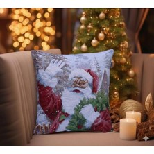 Believe Yılbaşı Noel Baba Jakarlı Dokuma Goblen  Dekoratif Simli Kırlent 45*45