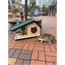 Feyza Design Rahat ve Şık Kedi Yuvası, Iç-Dış Kullanımlı, Tırmalama ve Mama Kabı Özellikli