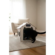 Feyza Design Ahşap Isim Baskılı Dekoratif Kedi Evi, Beyaz/siyah Kedi Kulübesi