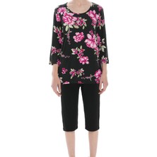 ASN Concept Kadın Çiçek Desenli Kaprili Siyah Takım (Büyük Beden Seçeneğiyle)