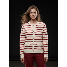 Studio Fashion 1988 Kadın Kırmızı Çizgili Cep Detaylı Triko Hırka