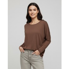 Kahverengi Basic Uzun Kollu Viskon Kadın Bluz