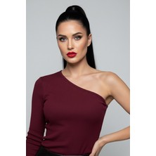 Bordo Tek Omuz Uzun Kollu Kaşkorse Kadın Bluz
