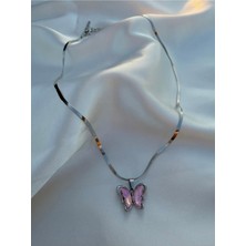 Eylül'ün Takısı Pembe Taşlı Kelebek Gümüş Renk Çelik Kolye