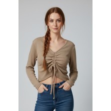 Sütlü Kahve Uzun Kollu Kaşkorse Crop Bluz Büzgülü V Yaka