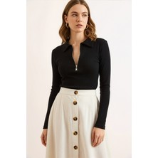 Fermuarlı Polo Yaka Kaşkorse Bluz - Siyah