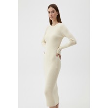 Kadın Bisiklet Yaka Uzun Elbise - Bej