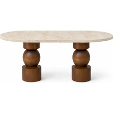 Trihome 80MODERN Tasarım Traverten Üstlü Masif Ahşap Torna Ayaklı Yemek Masası 180X80CM