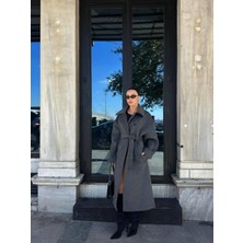 Ecenin Favorileri Oversize Gri Kaşe Kuşaklı Uzun Kadın Kaban