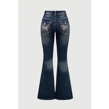 İsra Ayyıldız Moonstar Collection Lacivert Cross Kelebek Işlemeli Yıkamalı Ispanyol Paça 2000S Y2K Pantolon