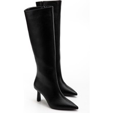 Dilimler Ayakkabı Kadın Çizme Siyah Ince Topuklu Suni Deri Sivri Burun