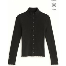 Mixray 6983 Kadın Dik Yaka Fitilli Çıtçıtlı Triko Hırka Siyah