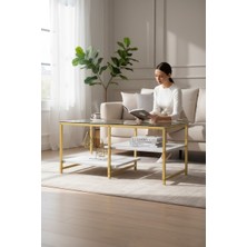 Tolia Home Modern Beyaz Gold Renk 3 Katlı Metal Iskeletli Şeffaf Temper Camlı Dikdörtgen Orta Sehpa