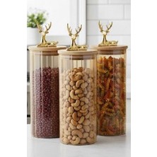 Morponi 3'lü Borosilikat Cam Geyik Figürlü Şık Çizgili Amber Cam Kavanoz Mutfak Seti 1000 ml