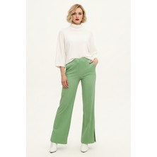 Mint Yeşili Krep Kumaş Yüksek Bel Bol Paça Kadın Pantolon