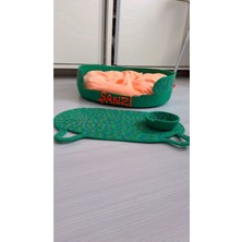 Feyza Design Yumuşak Yeşil Kedi Yatağı ve Kuru Mama Kabı Paspası Seti