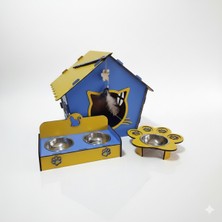 Feyza Design Canlı Mavi Sarı Kedi Evi ve Mama Su Kabı Seti, Eğlenceli Tasarım