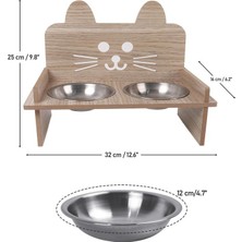 Feyza Design Ahşap Kedi Mama ve Su Kabı Standı, 2 Kaseli ve Renkli Paspaslı Set