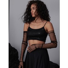 Rivus Ince Askılı Payetli Crop Bluz - Siyah