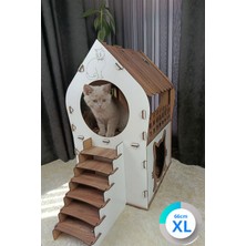 Feyza Design Xl Kedi Evi Beyaz Kahverengi Merdivenli Iki Katlı Mdf 66×68×38 cm