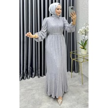 Golda Dress Kadın Gri Eteği Volanlı Payet Elbise
