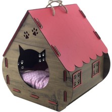Feyza Design Ahşap Kedi Evi ve Yatağı Hobbit Model Kırmızı, Şık ve Konforlu Tasarım