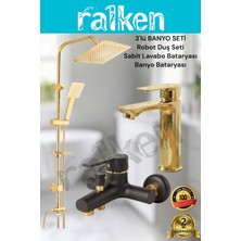 Ralken 3'lü Gold Banyo Seti; Gold (Altın) Robot Duş Seti, Siyah Gold Banyo Bataryası ve Sabit Lavabo Bataryası - Yağmurlama Tepe Duş Takımı