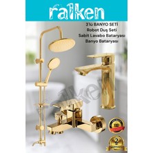 Ralken 3'lü Gold Banyo Seti; Gold (Altın) Robot Duş Seti, Kare Gold Banyo Bataryası ve Lavabo Bataryası - Yağmurlama Tepe Duş Takımı