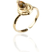 Kaplan Gözü Doğal Taş Çelik Damla Kesim Ayarlanabilir Yüzük