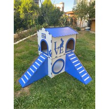 Feyza Design Küçük Mavi Beyaz Tavşan Evi, Iki Katlı Tavşan Yatağı