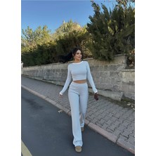 StockMount Kadın Siyah Beyaz Detaylı Fitilli Uzun Kol Bluz Bol Paça Pantolon Alt-Üst Takım