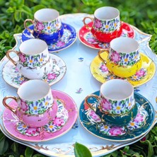 Manushum El Boyama Porselen 6lı Set Osmanlı Saray Kahve Fincan Takımı-Canlı Renkli