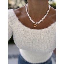 Hercy Doğal Taşlı Kraliçe Taç Kalp Kolye | Kalpli Kolye | Beyaz Kolye | Doğal Taş Kolye