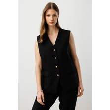 Ekol Kadın Büyük Beden Kapak Cepli V Yaka Yelek 5527 Siyah