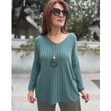 Denizege Butik Italyan Kolyeli Fitilli Triko Petrol Yeşil