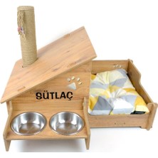 Feyza Design Ahşap Kedi Evi ve Mama Kabı Seti, Isimli, Tırmalama Çubuğu, 2X400ML