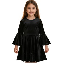 Cuties Kız Çocuk Siyah Kadife Elbise – İnci ve Boncuk Detaylı, Volan Kollu Şık Model