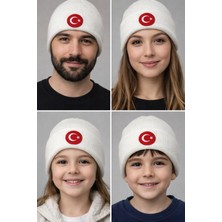 Sibel Günay Butik Beyaz Ayyıldız Nakışlı Çift Katlı Triko Bere | Unisex Çocuk & Yetişkin