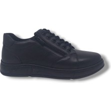 Zerhan Modesa 165 Erkek Siyah Bağcıklı Fermuarlı Hakiki Deri Kauçuk Taban Ayakkabı