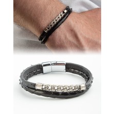 Piton Deri Siyah Zincir Göbek Deri Erkek Bilekliği