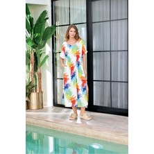 Lodos Store Aydoğan Kadın V Yaka Kısa Kollu Desenli Gipeli Uzun Elbise Çok Renkli