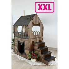 Feyza Design Büyük Ahşap Teraslı Dekoratif Kedi Evi, 5kg ve Üzeri Kedilere Uygun