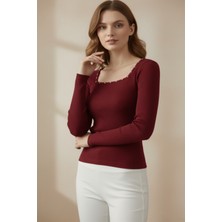 Kare Yaka Inci Çakmalı Fitilli Kaşkorse Bluz - Bordo