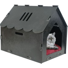 Feyza Design Büyük Ahşap Kedi Yatağı, Siyah, 50X35 Cm, Parlak Boyalı, Çatılı, Çizgili