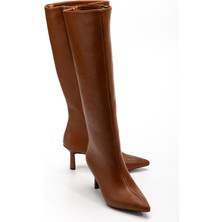 Dilimler Ayakkabı Kadın Çizme Taba Ince Topuklu Suni Deri Sivri Burun