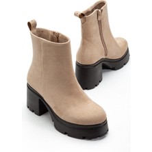 Dilimler Ayakkabı Topuklu Bot Kadın Platform Ten Süet Yüzüdüz Fermuarlı