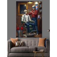 Karizma Tablo Berber Dükkanı Tıraş Sahnesi Dekoratif Kanvas - Mdf Ahşap Tablo