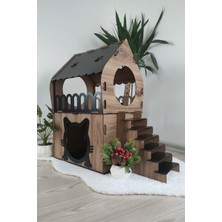 Feyza Design Şık 2 Katlı Teraslı Dekoratif Kedi Evi, Evcil Hayvanlar Için Rüya Gibi Mekan
