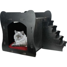 Feyza Design Büyük Ahşap Kedi Yatağı, Siyah Parlak, 50X35 Cm, Merdivenli Tasarım