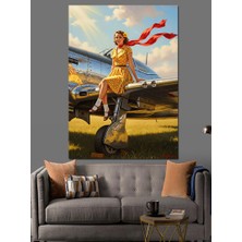Karizma Tablo Uçak Kanadında Pinup Kızı Dekoratif Kanvas - Mdf Ahşap Tablo